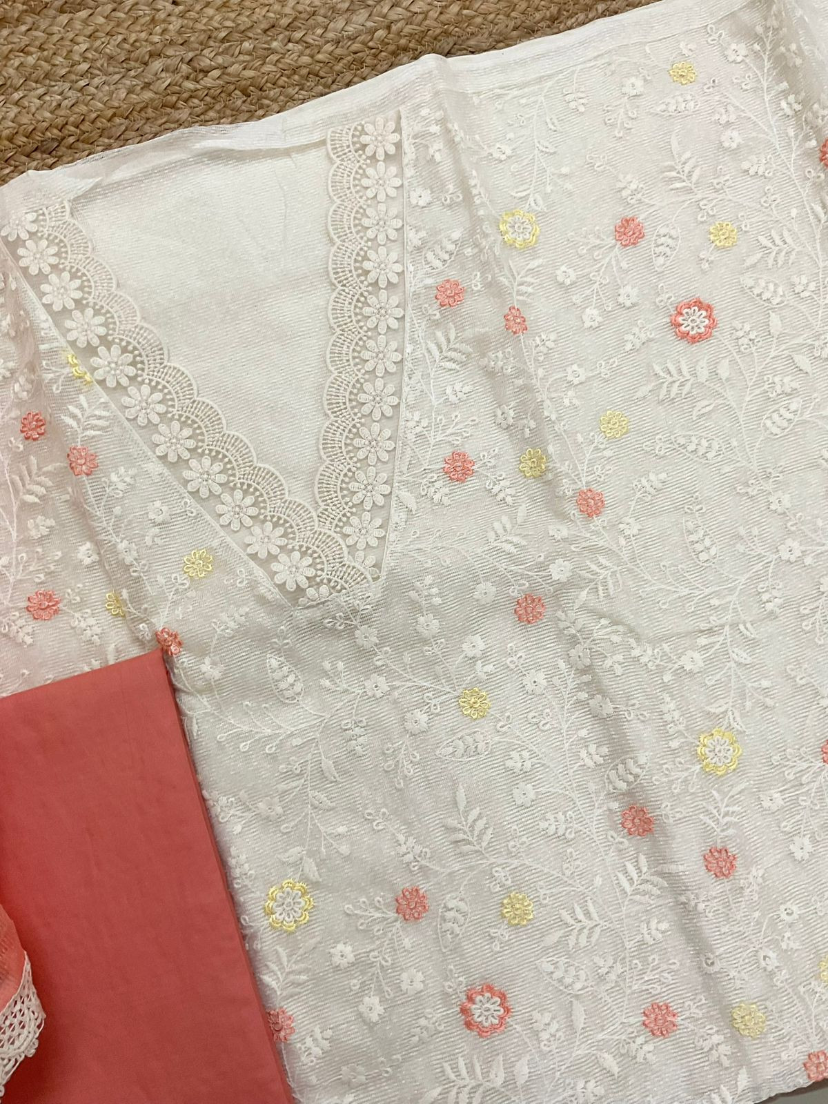 Soft Fine Supernet Embroidered Suit - Off White