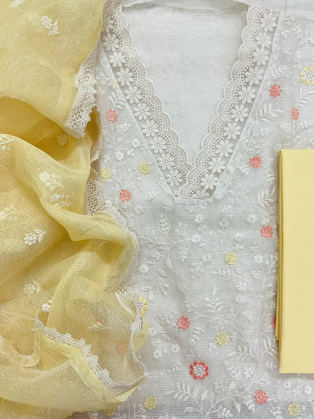 Soft Fine Supernet Embroidered Suit - Off White