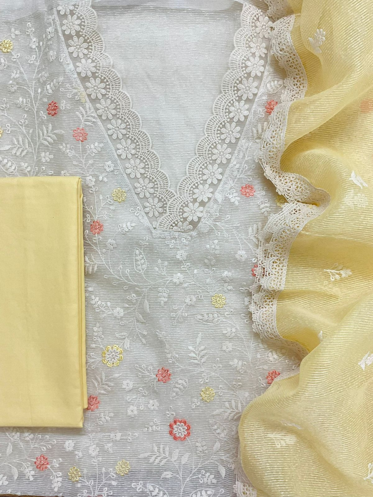Soft Fine Supernet Embroidered Suit - Off White