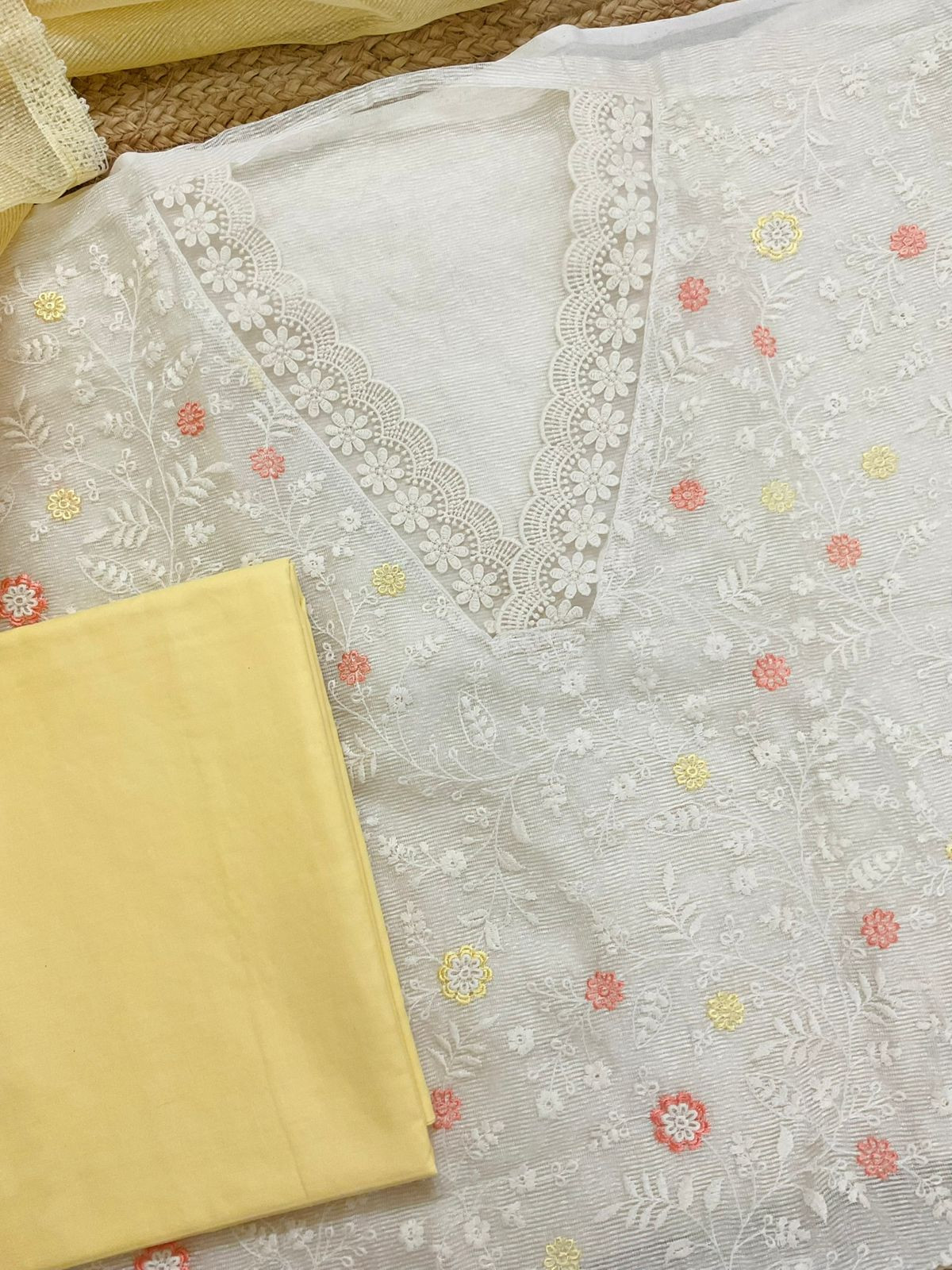 Soft Fine Supernet Embroidered Suit - Off White