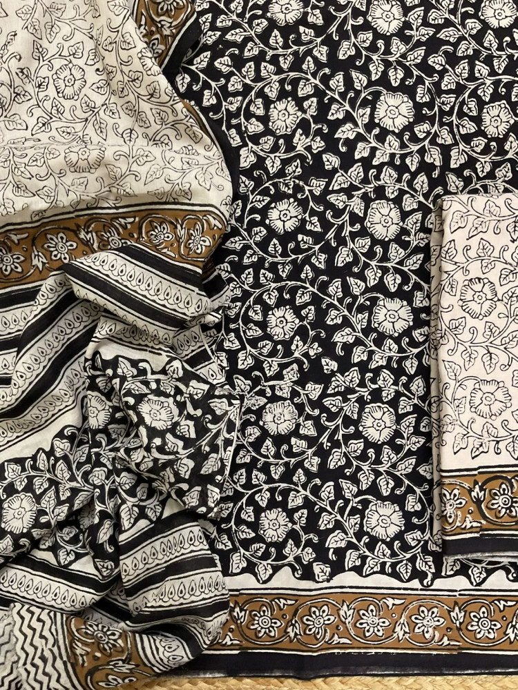 Image of Pure Mul Cotton Printed Suit - Black