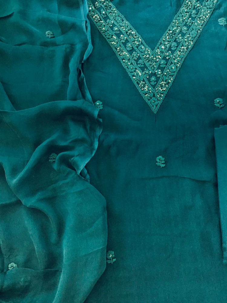 Image of Pure Chinnon Silk Embroidered Suit - Peacock Blue