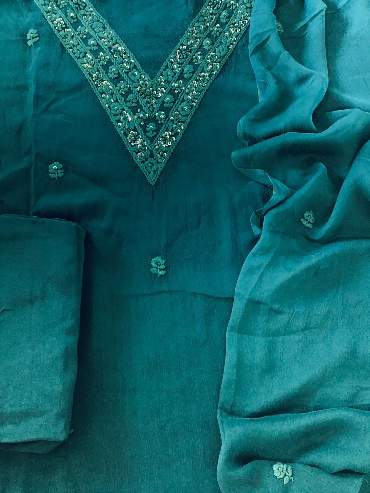 Pure Chinnon Silk Embroidered Suit - Peacock Blue