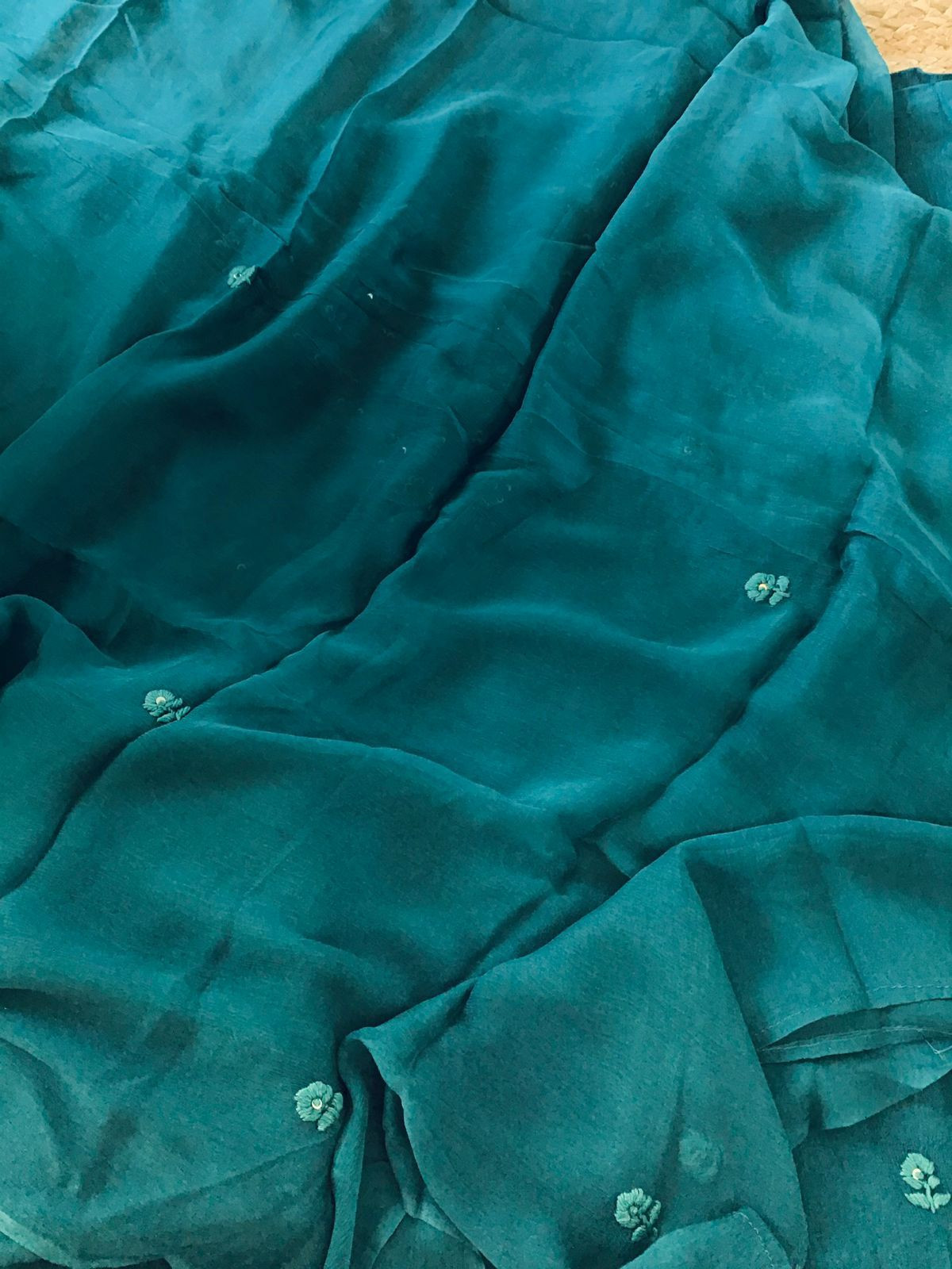 Pure Chinnon Silk Embroidered Suit - Peacock Blue