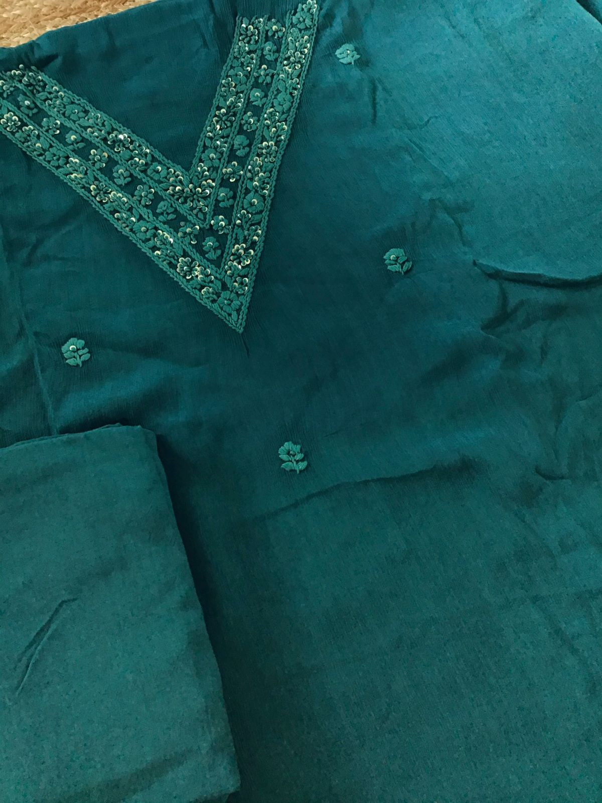 Pure Chinnon Silk Embroidered Suit - Peacock Blue