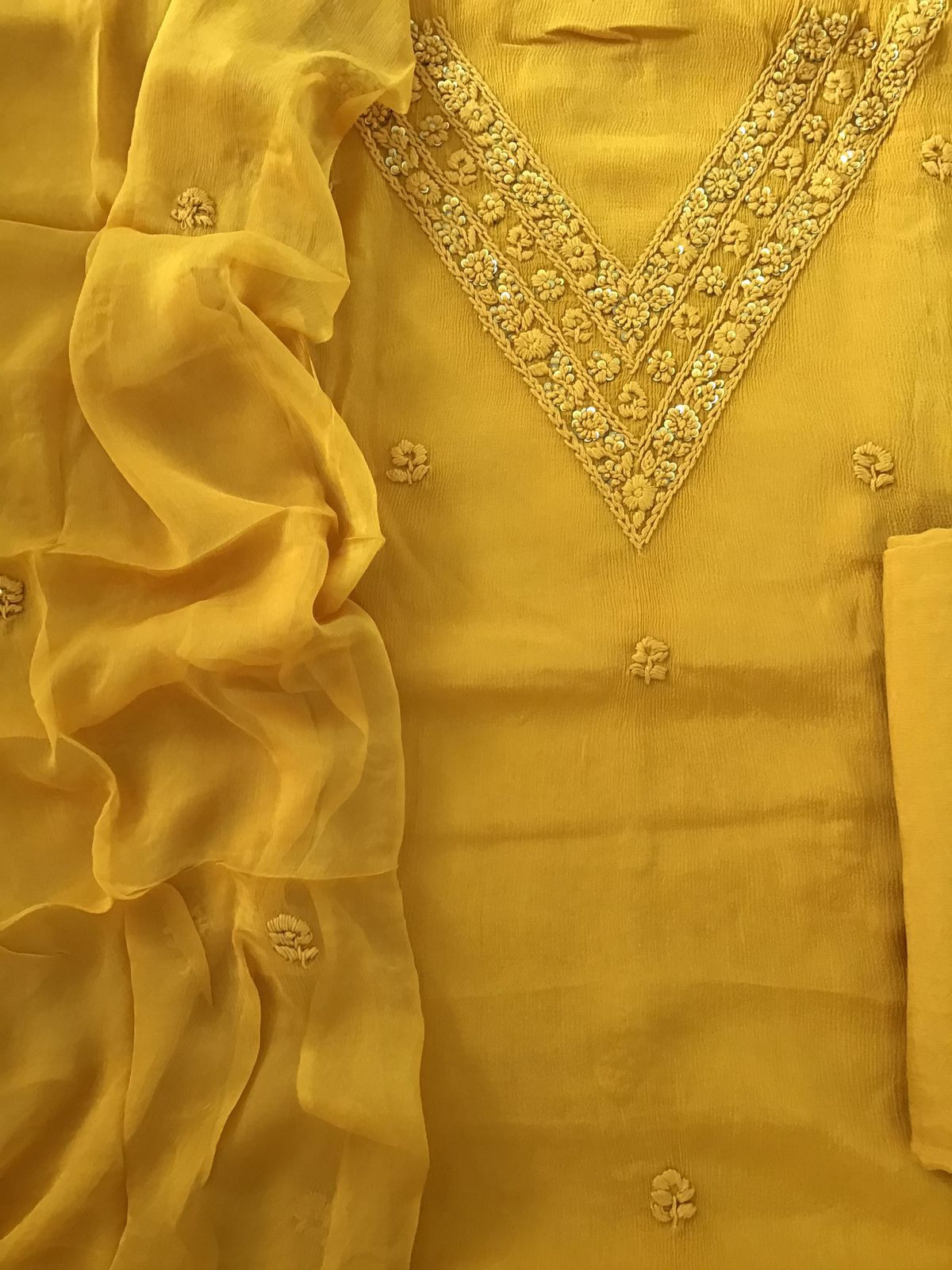 Pure Chinnon Silk Embroidered Suit - Yellow