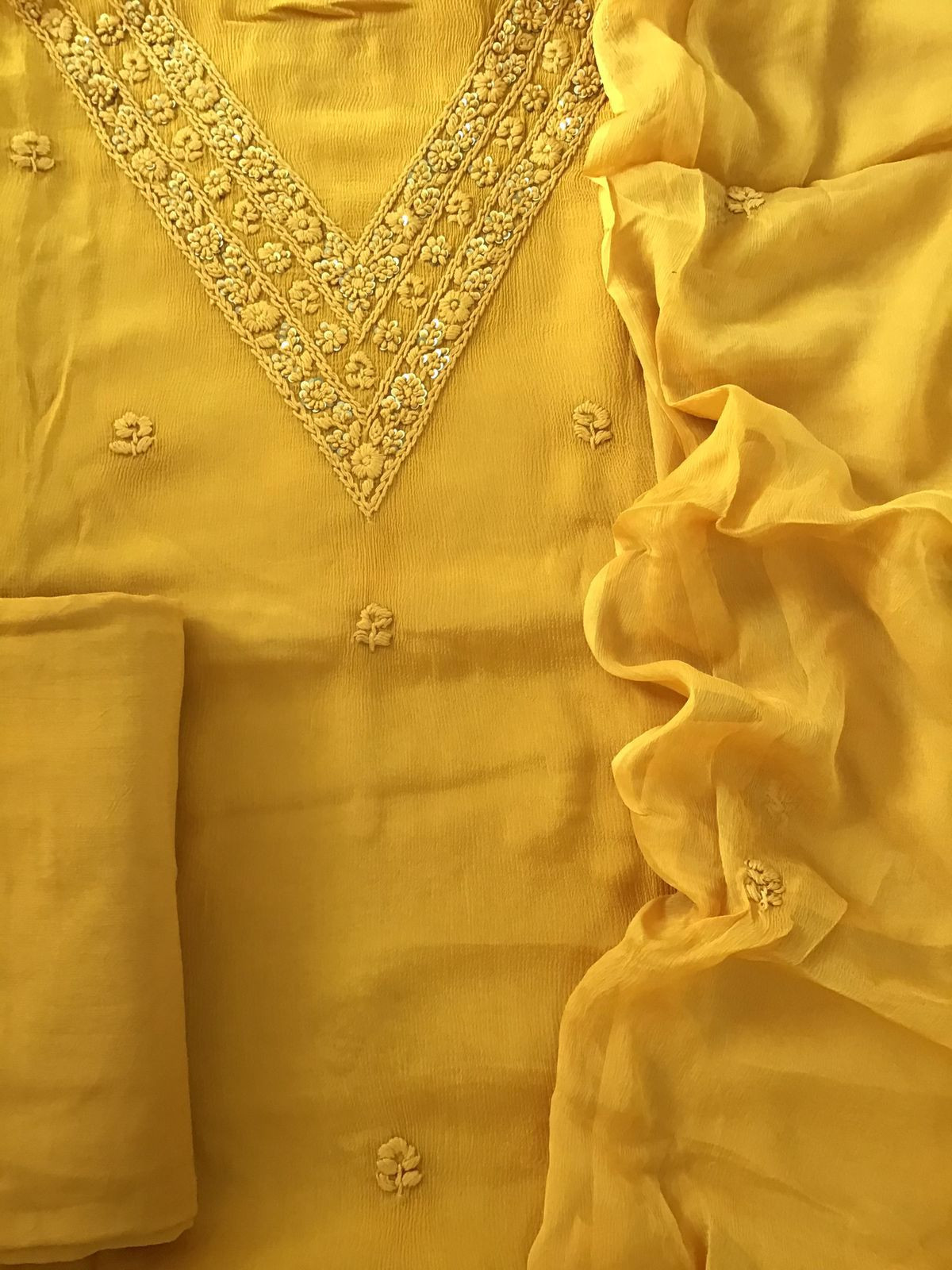 Pure Chinnon Silk Embroidered Suit - Yellow