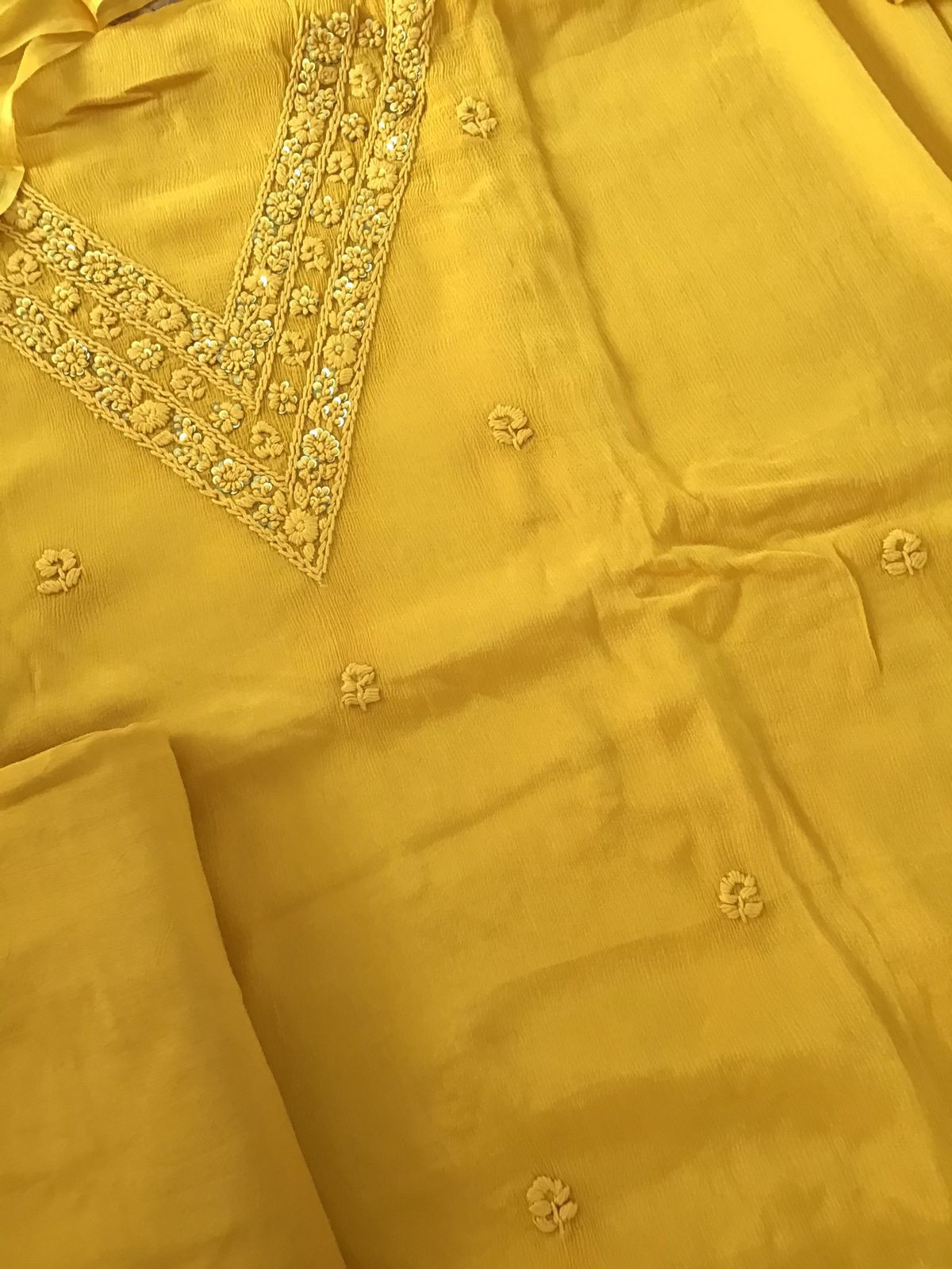 Pure Chinnon Silk Embroidered Suit - Yellow