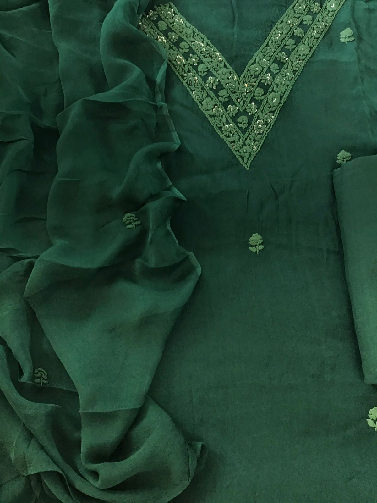 Pure Chinnon Silk Embroidered Suit - Green