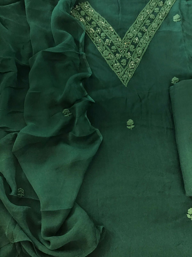 Image of Pure Chinnon Silk Embroidered Suit - Yellow