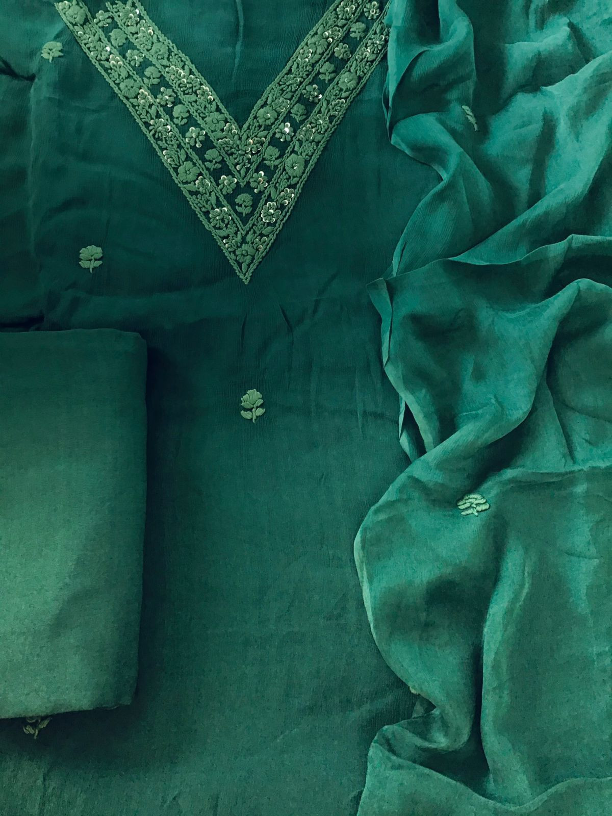 Pure Chinnon Silk Embroidered Suit - Green