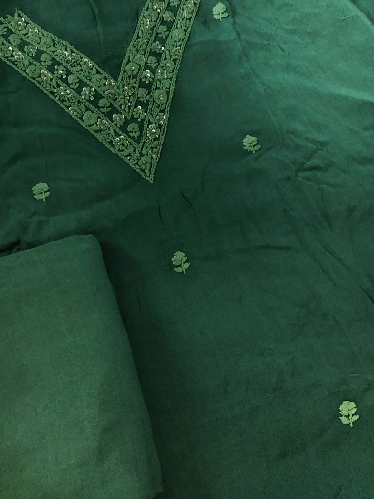 Pure Chinnon Silk Embroidered Suit - Green