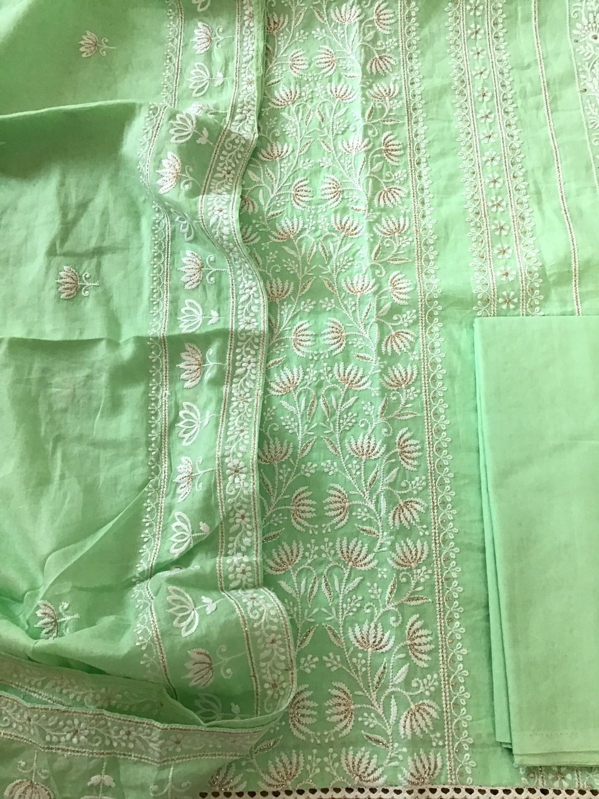 Pure Mul Cotton Embroidered Suit - Green