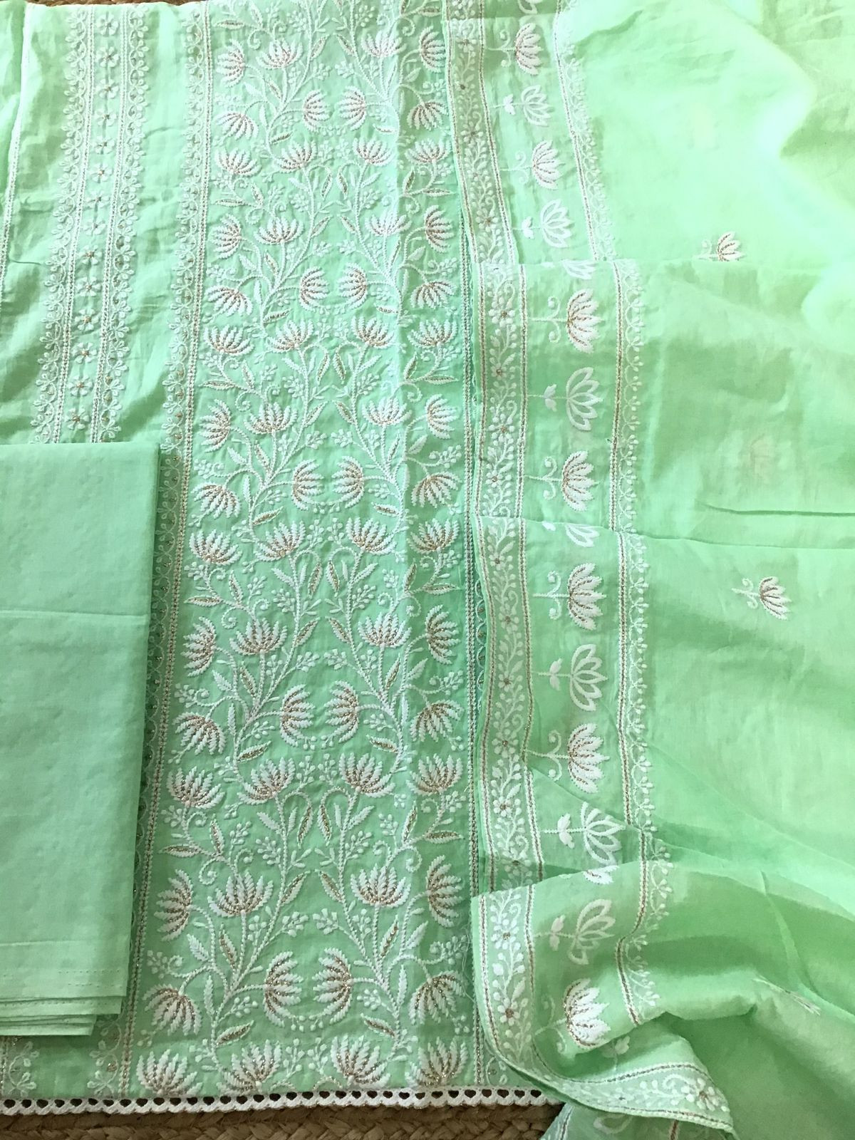 Pure Mul Cotton Embroidered Suit - Green