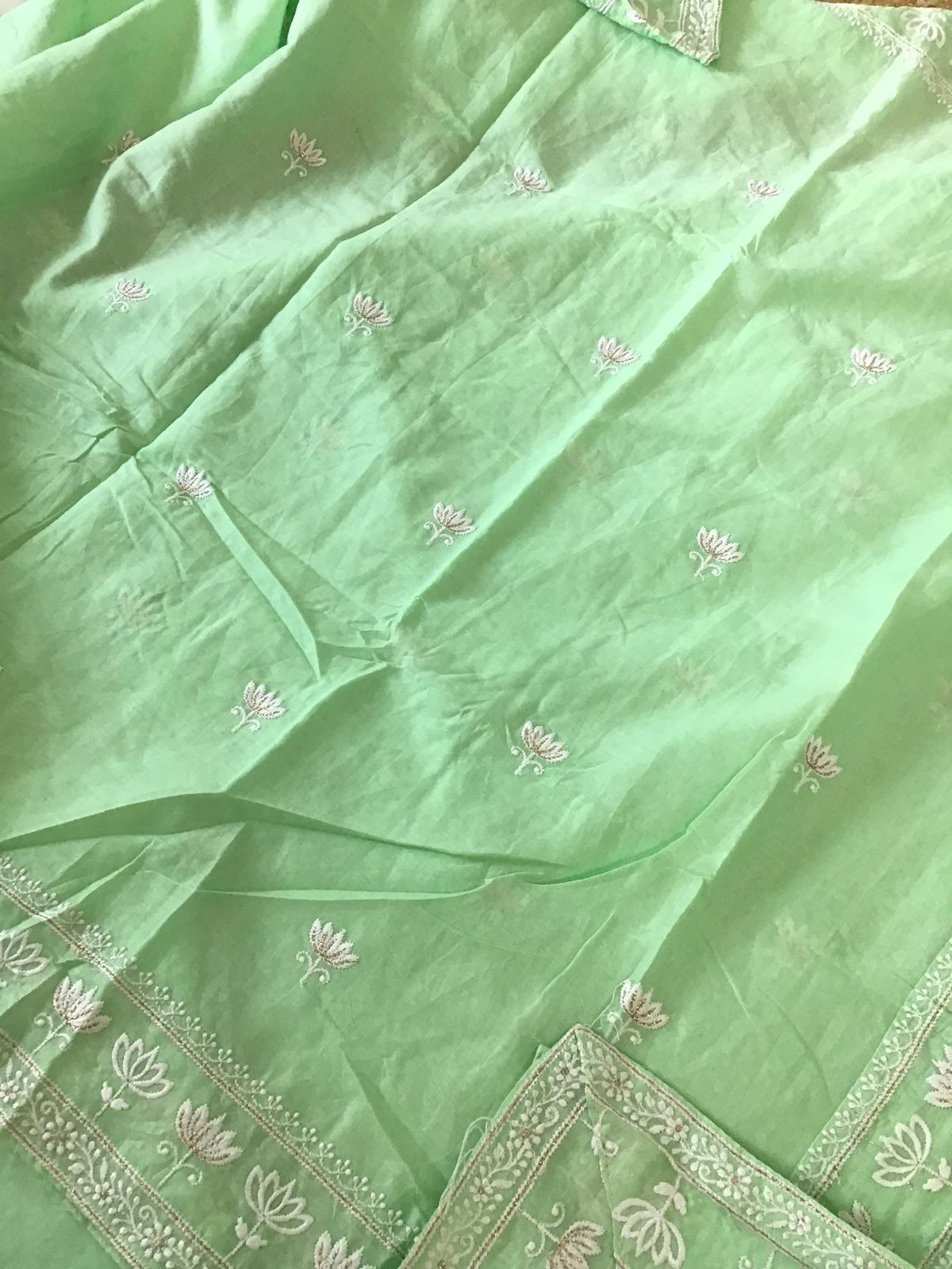Pure Mul Cotton Embroidered Suit - Green