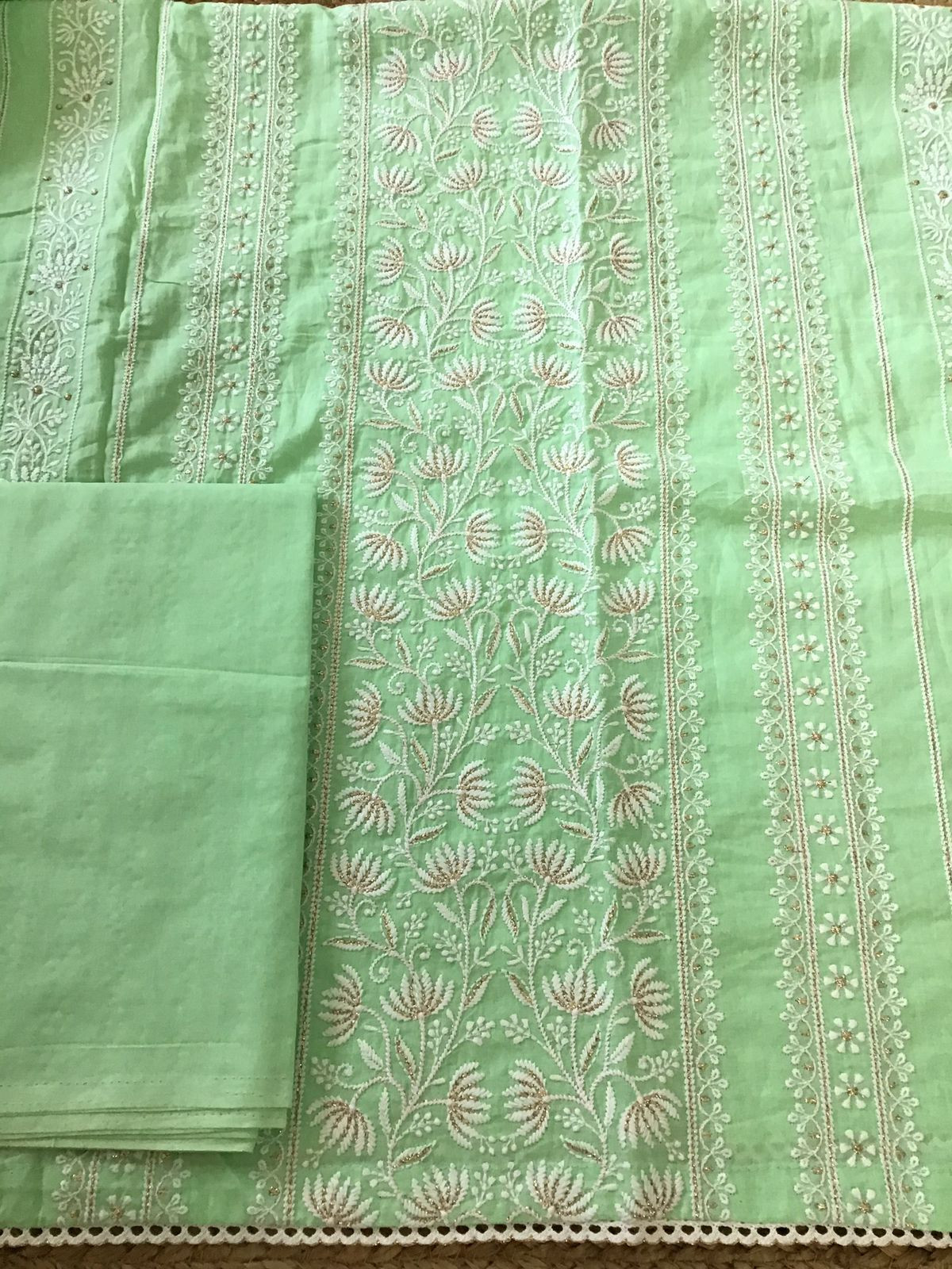 Pure Mul Cotton Embroidered Suit - Green