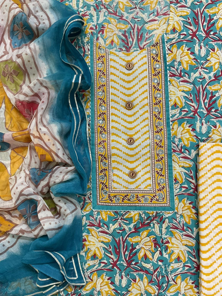 Image of Pure Cotton Printed Embroidered Suit - Blue