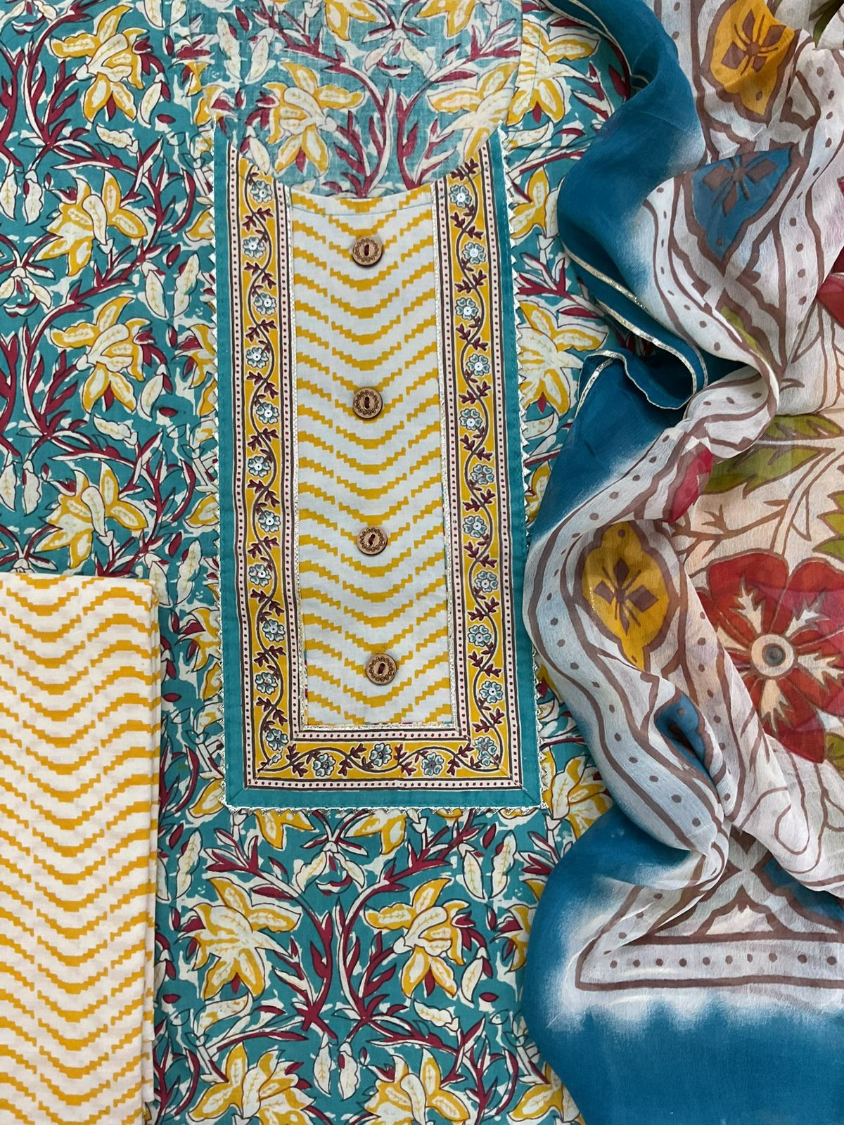 Pure Cotton Printed Embroidered Suit - Blue