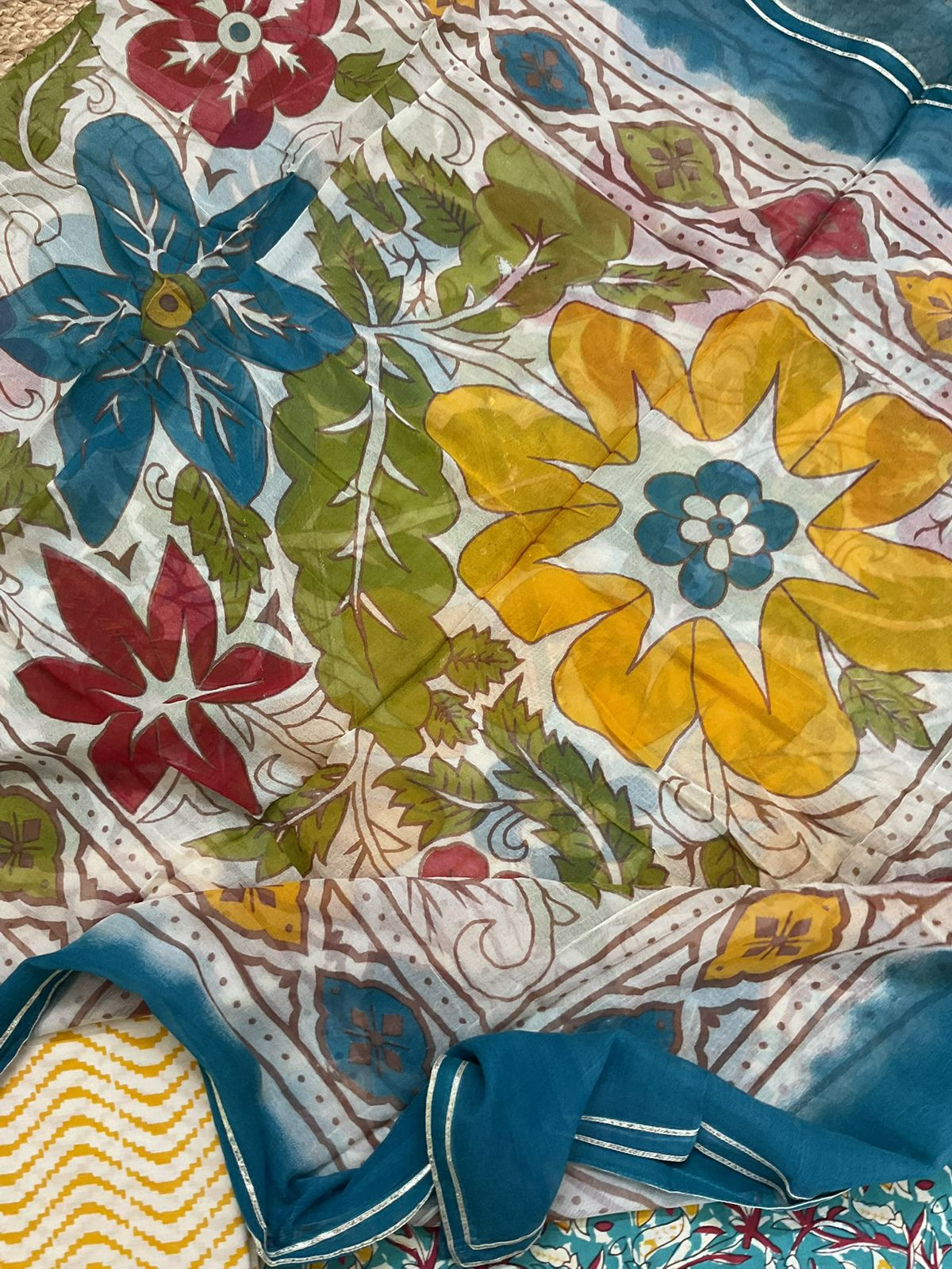 Pure Cotton Printed Embroidered Suit - Blue