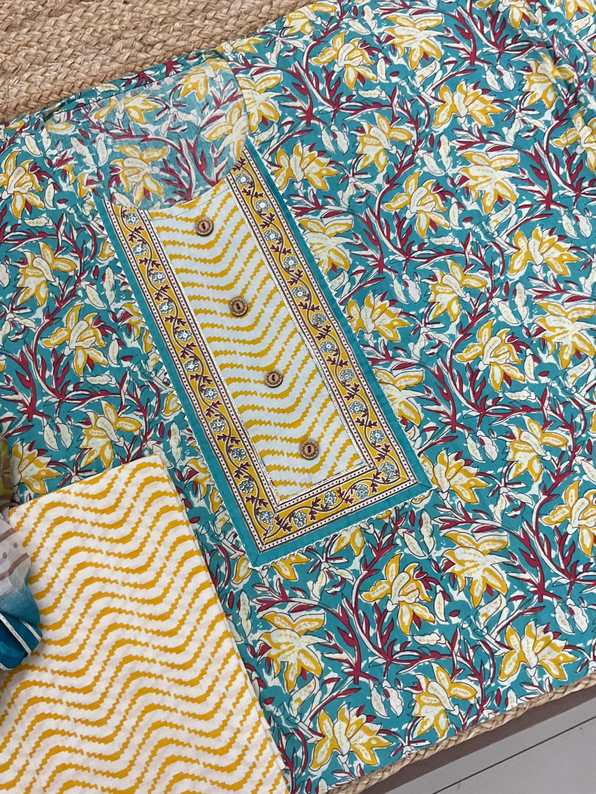 Pure Cotton Printed Embroidered Suit - Blue