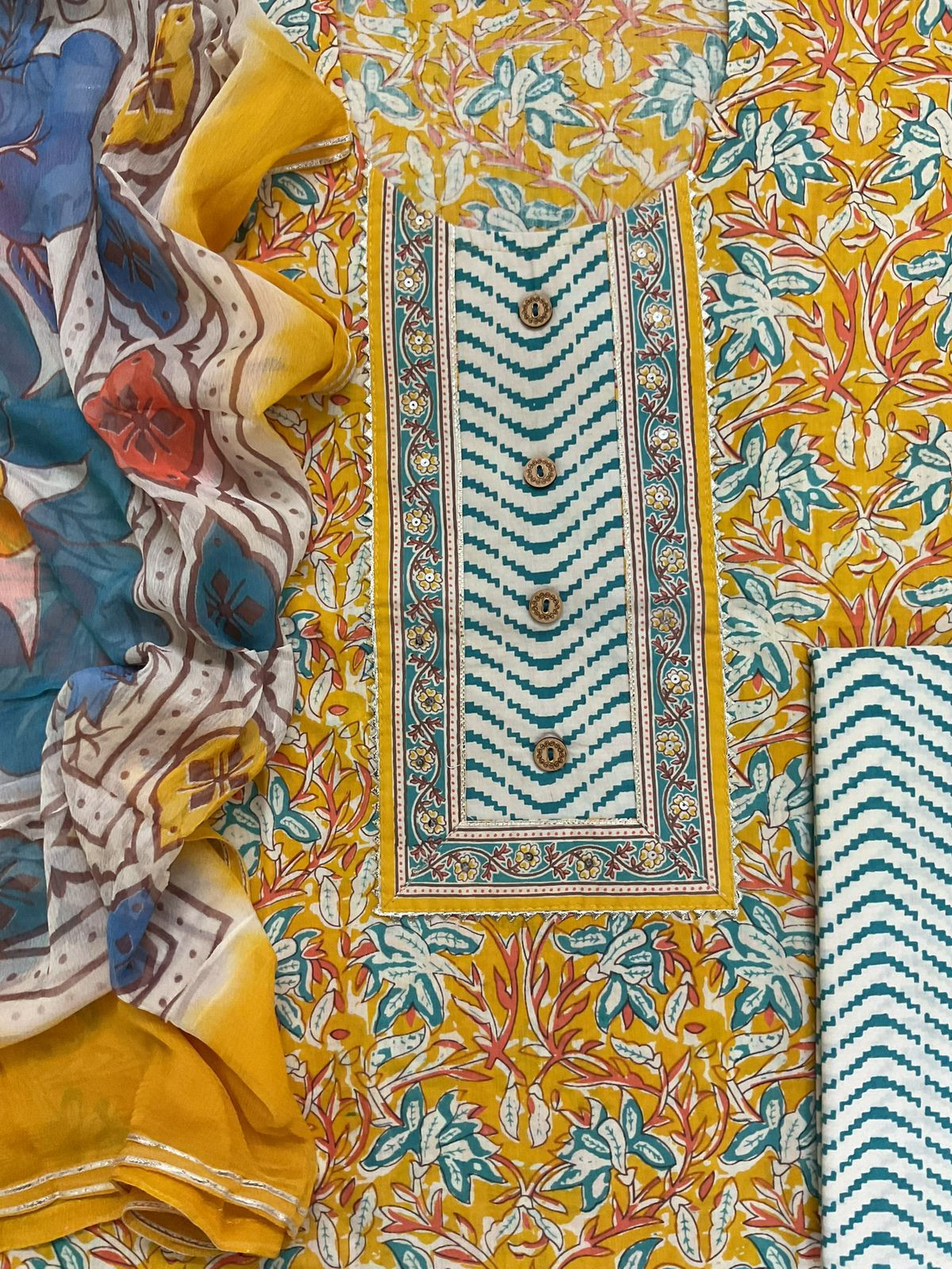 Pure Cotton Printed Embroidered Suit - Yellow