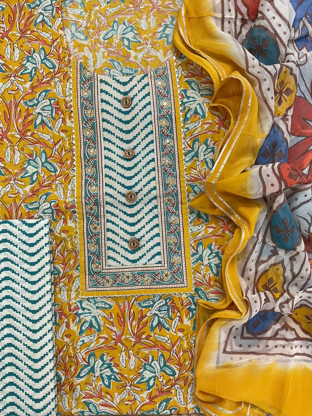 Pure Cotton Printed Embroidered Suit - Yellow