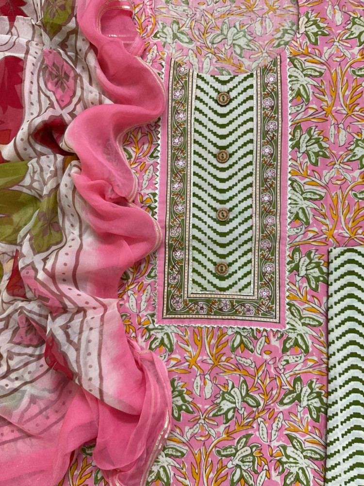 Image of Pure Cotton Printed Embroidered Suit - Pink
