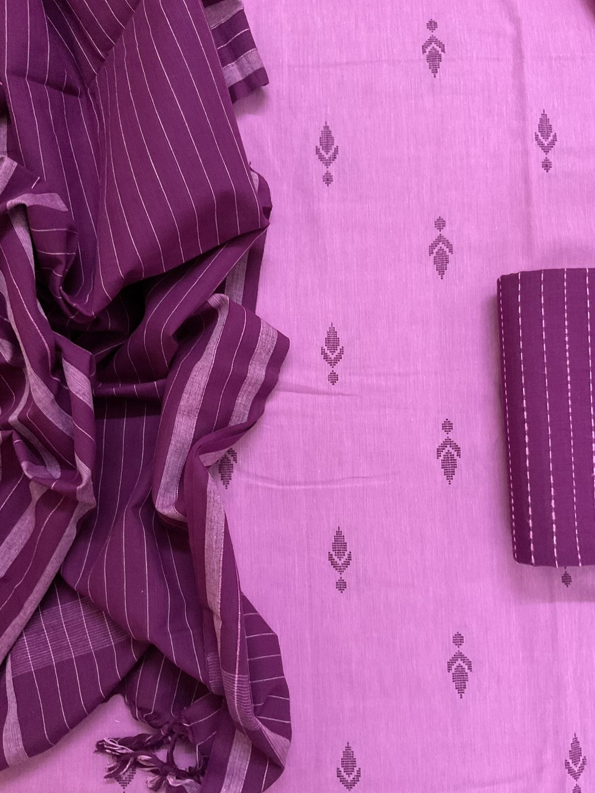 Pure Handloom Cotton Self Weaved Suit - Purple