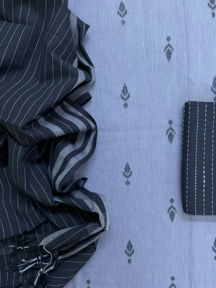 Image of Pure Handloom Cotton Self Weaved Suit - Blue