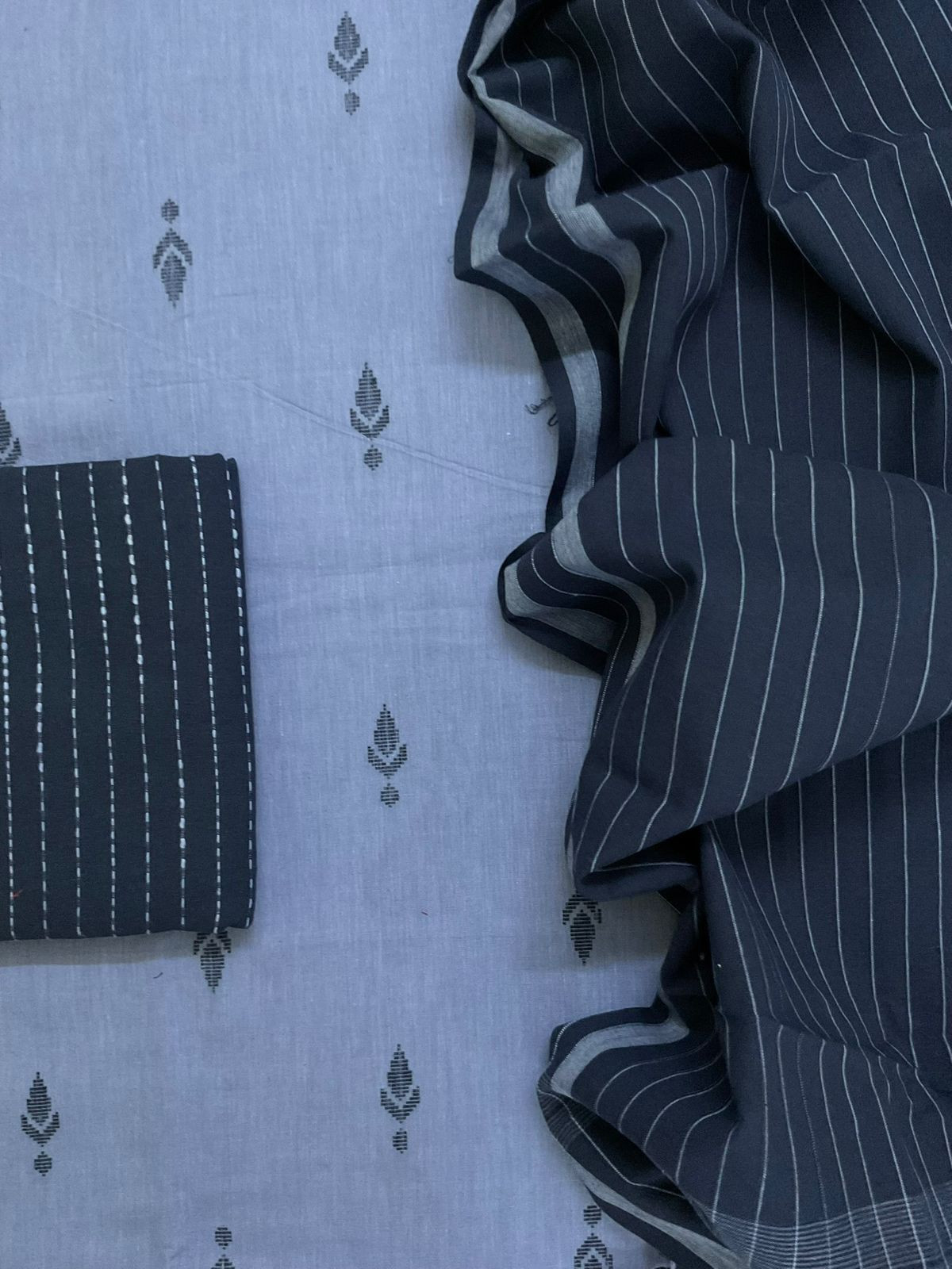 Pure Handloom Cotton Self Weaved Suit - Blue