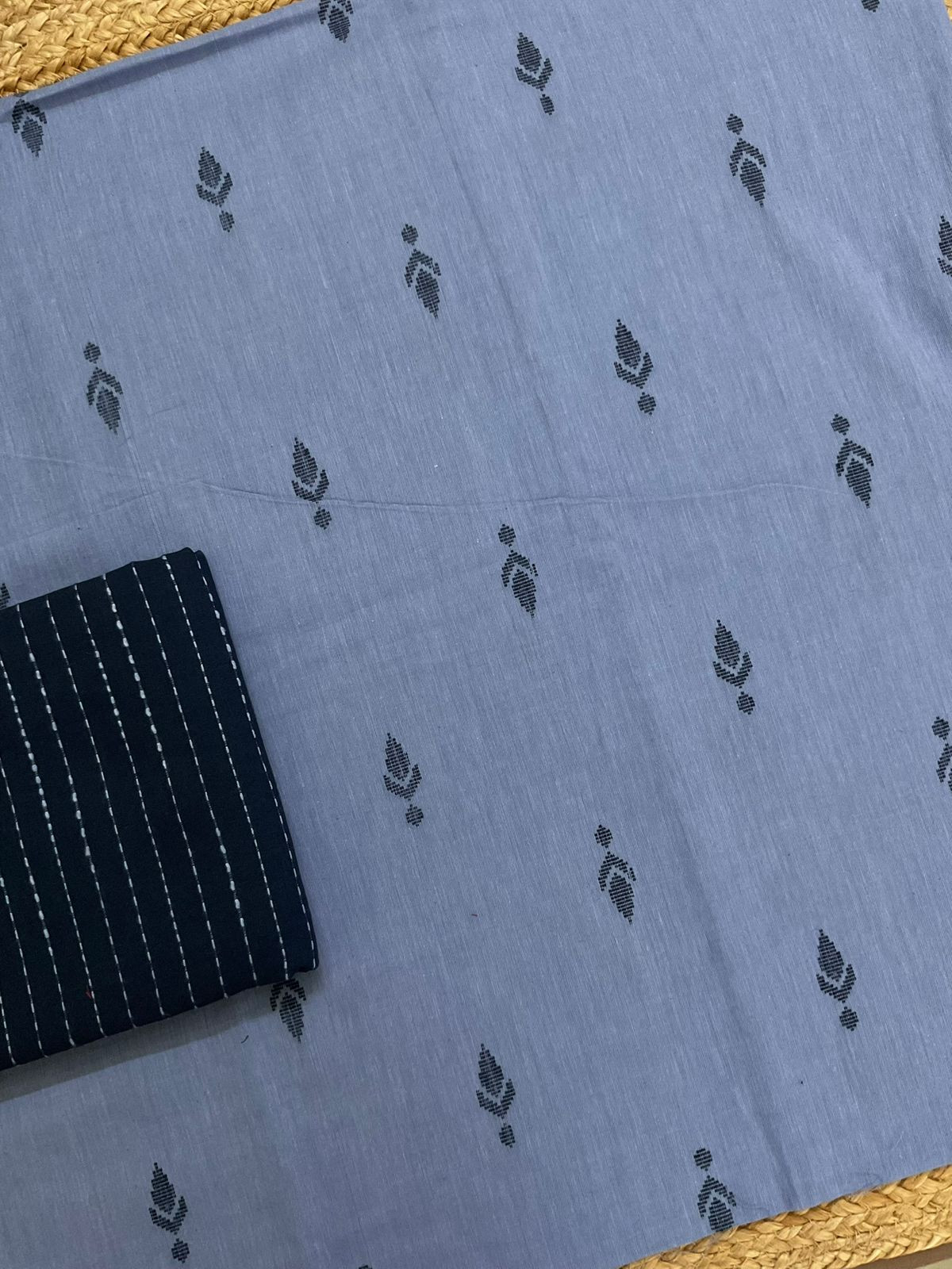 Pure Handloom Cotton Self Weaved Suit - Blue