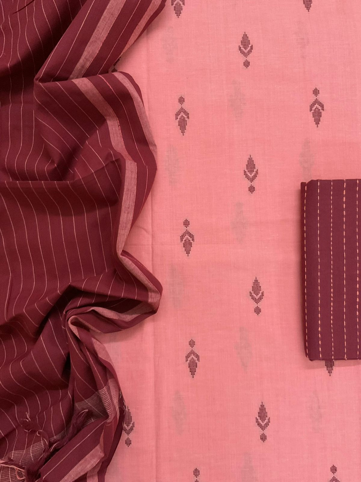 Pure Handloom Cotton Self Weaved Suit - Peach