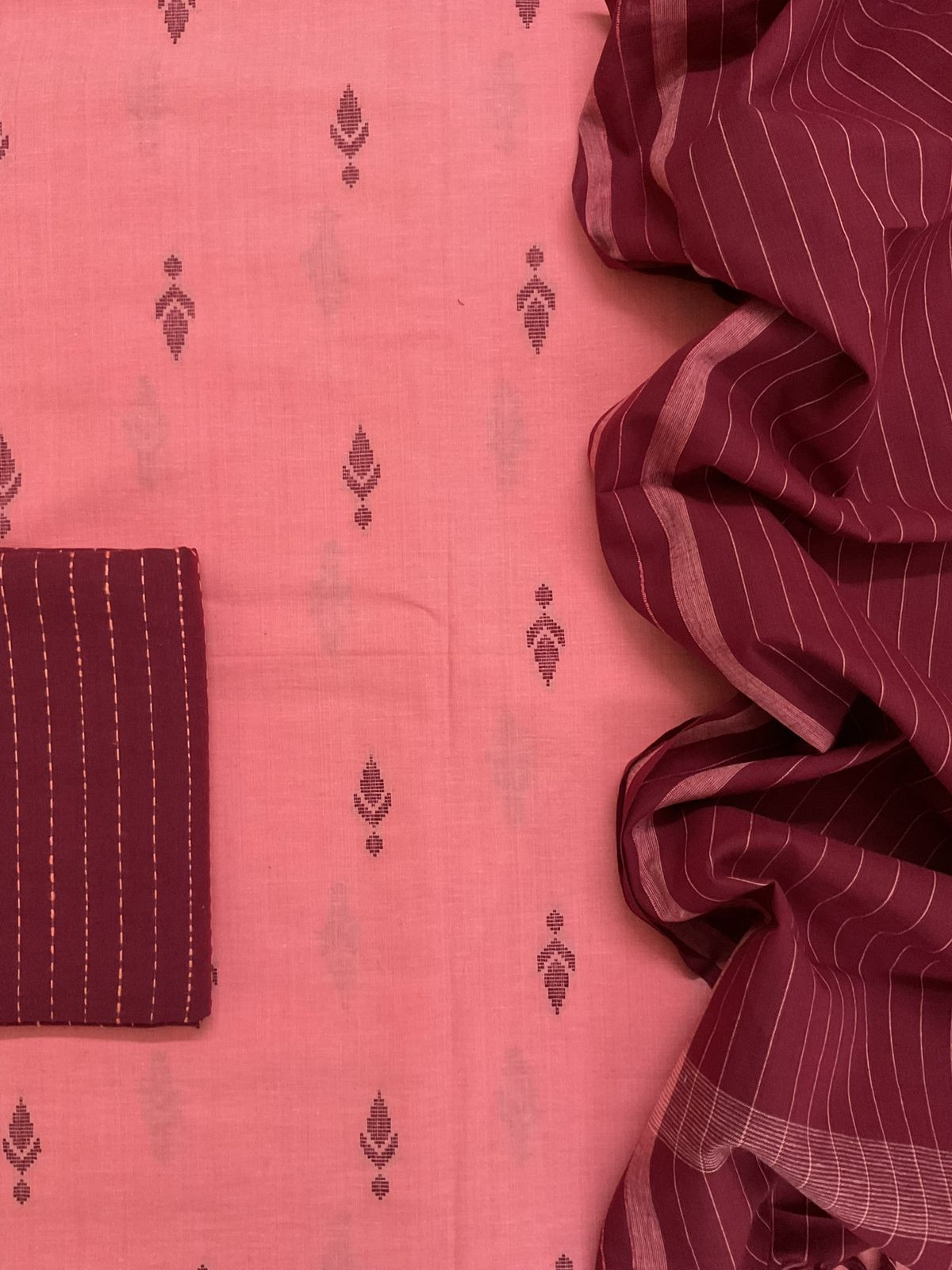 Pure Handloom Cotton Self Weaved Suit - Peach