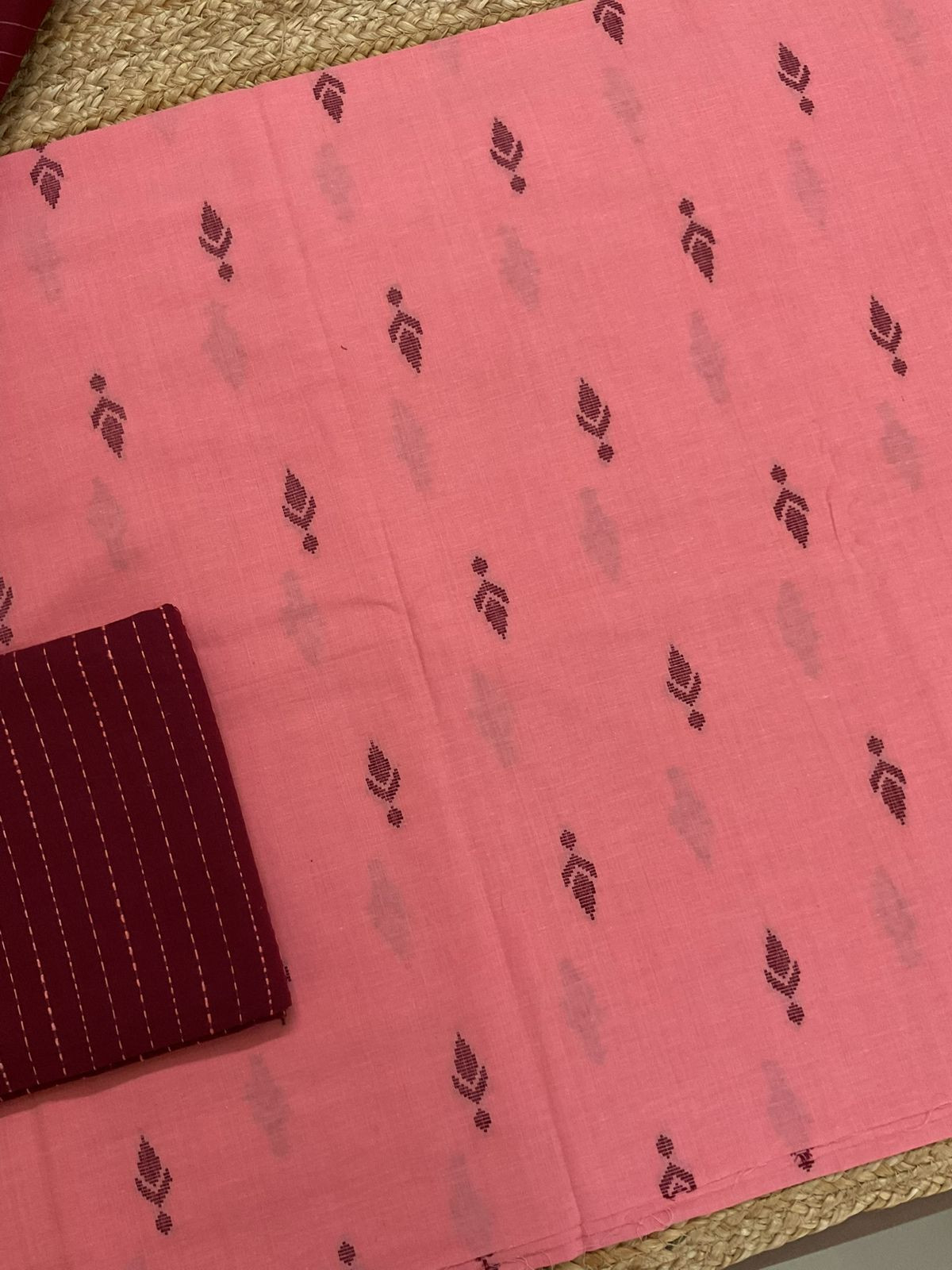 Pure Handloom Cotton Self Weaved Suit - Peach