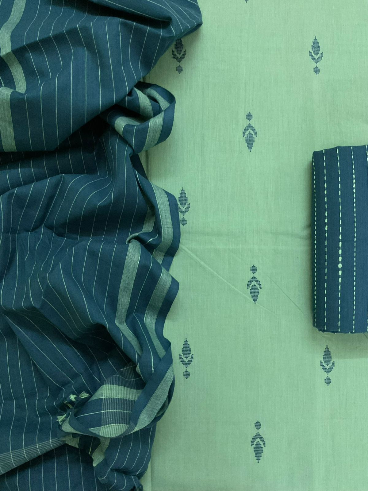 Pure Handloom Cotton Self Weaved Suit - Green