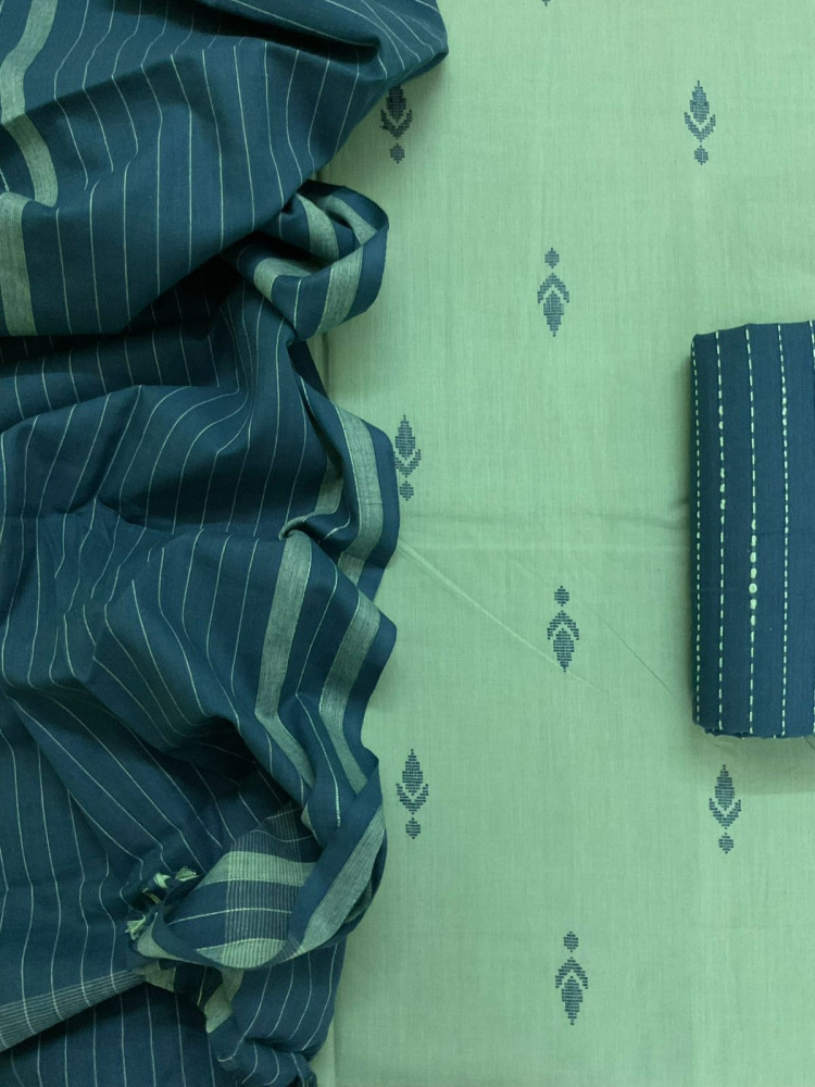 Image of Pure Handloom Cotton Self Weaved Suit - Green
