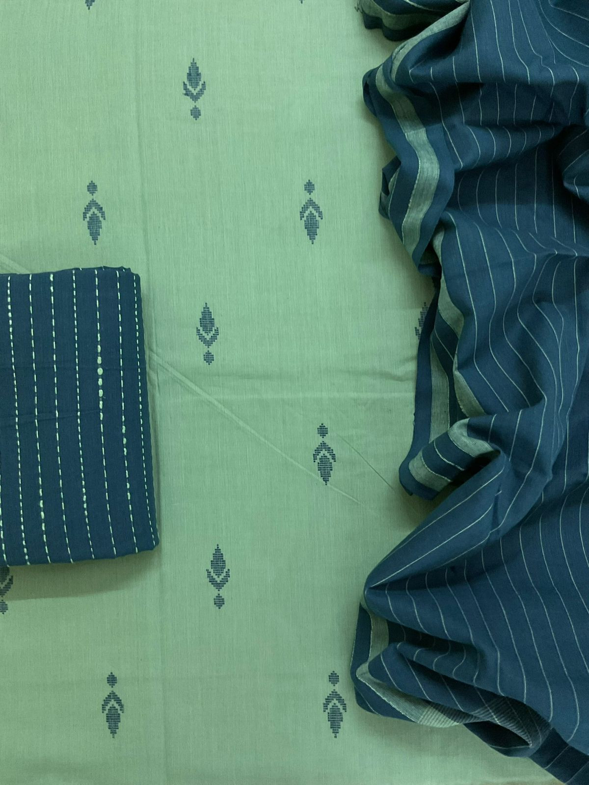 Pure Handloom Cotton Self Weaved Suit - Green