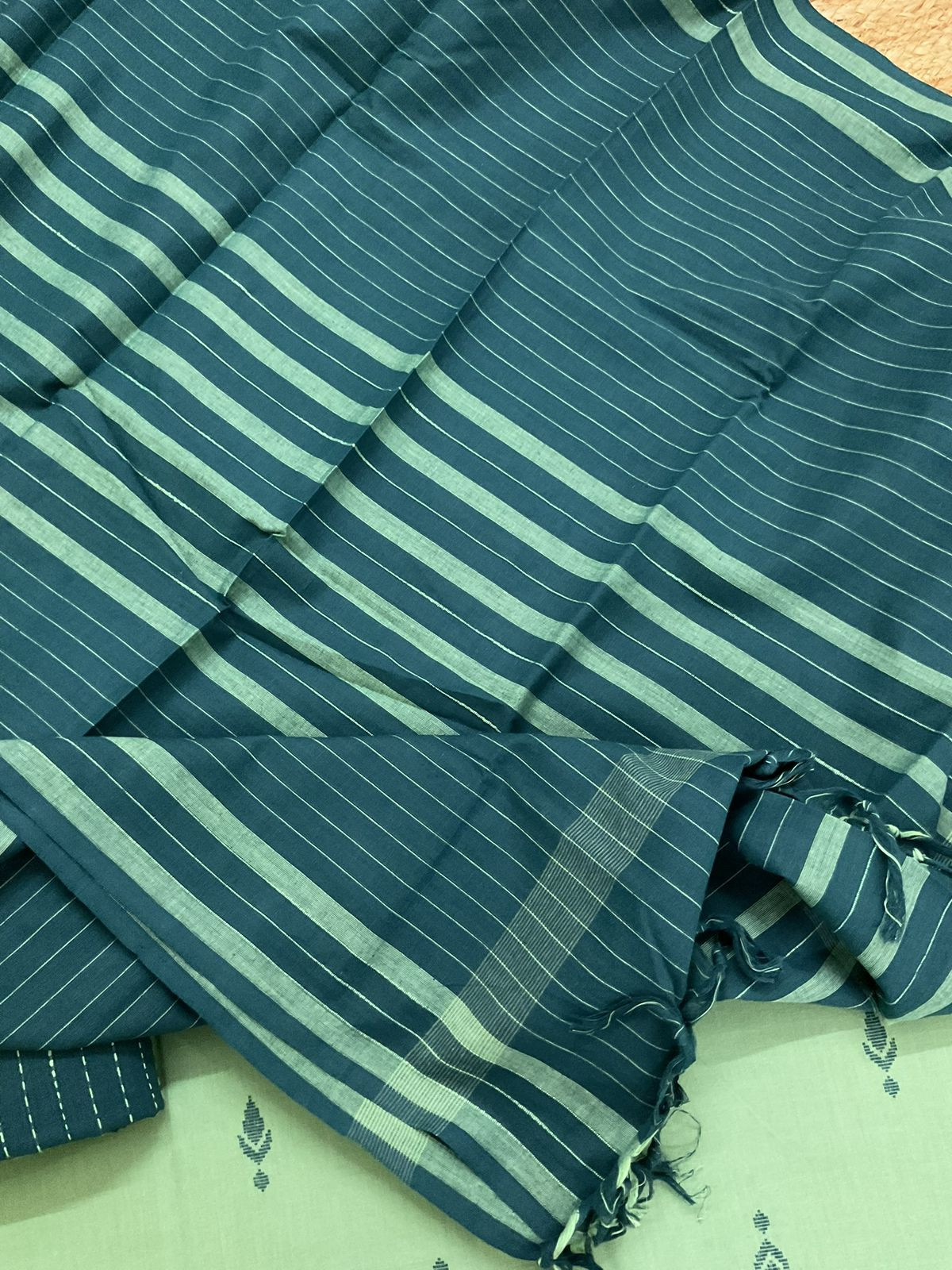 Pure Handloom Cotton Self Weaved Suit - Green