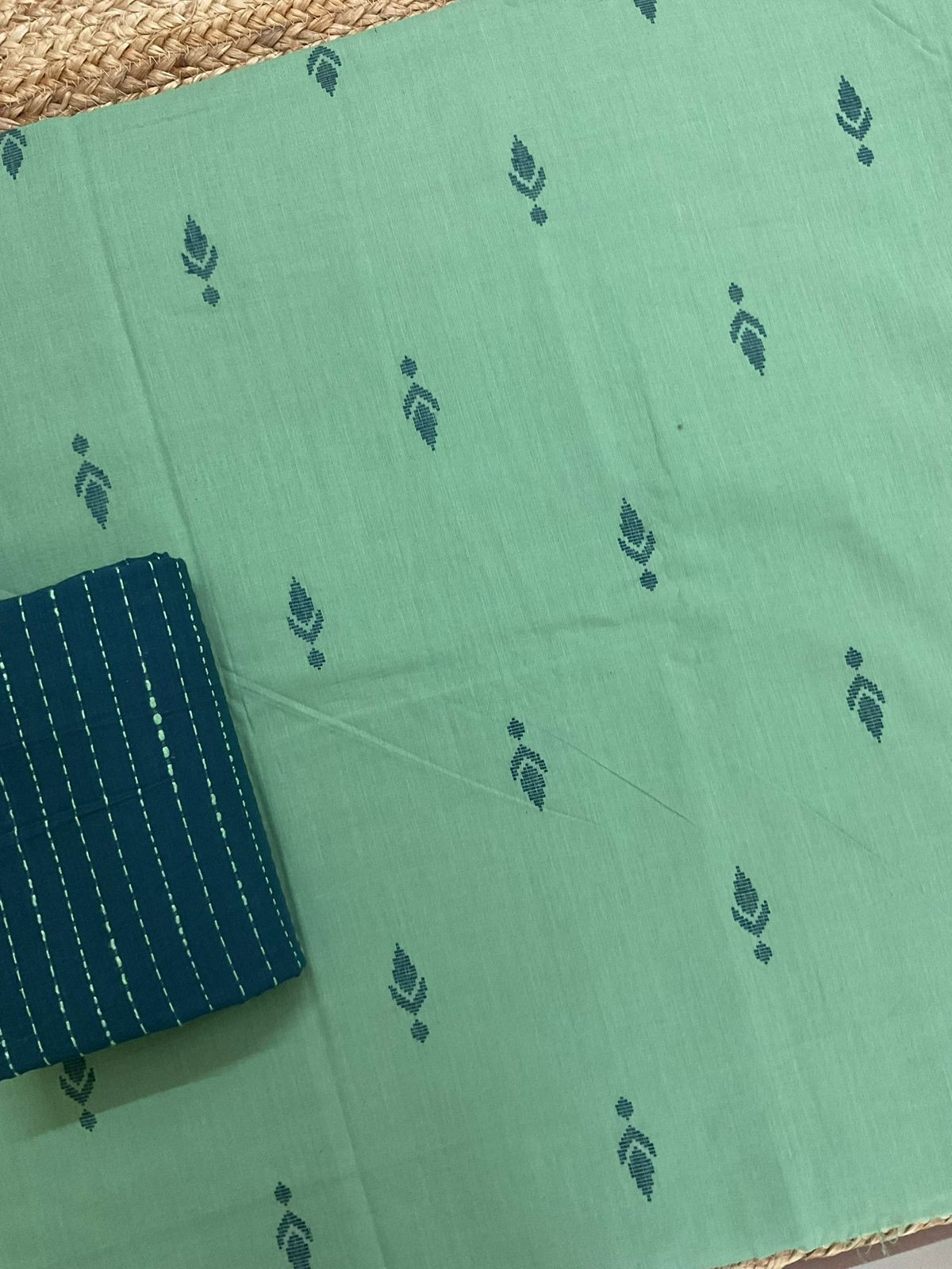 Pure Handloom Cotton Self Weaved Suit - Green