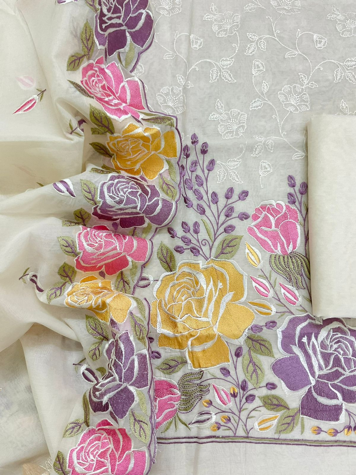 Soft Chanderi Embroidered Suit - Cream