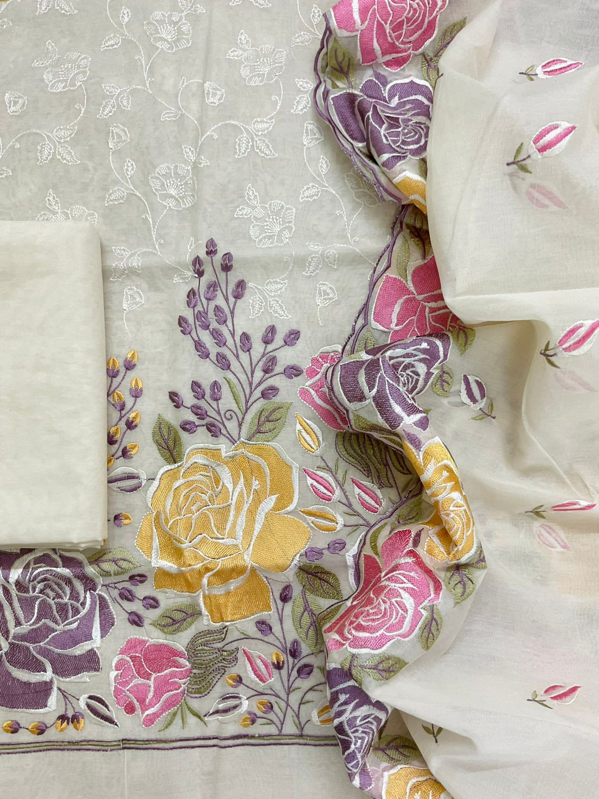 Soft Chanderi Embroidered Suit - Cream