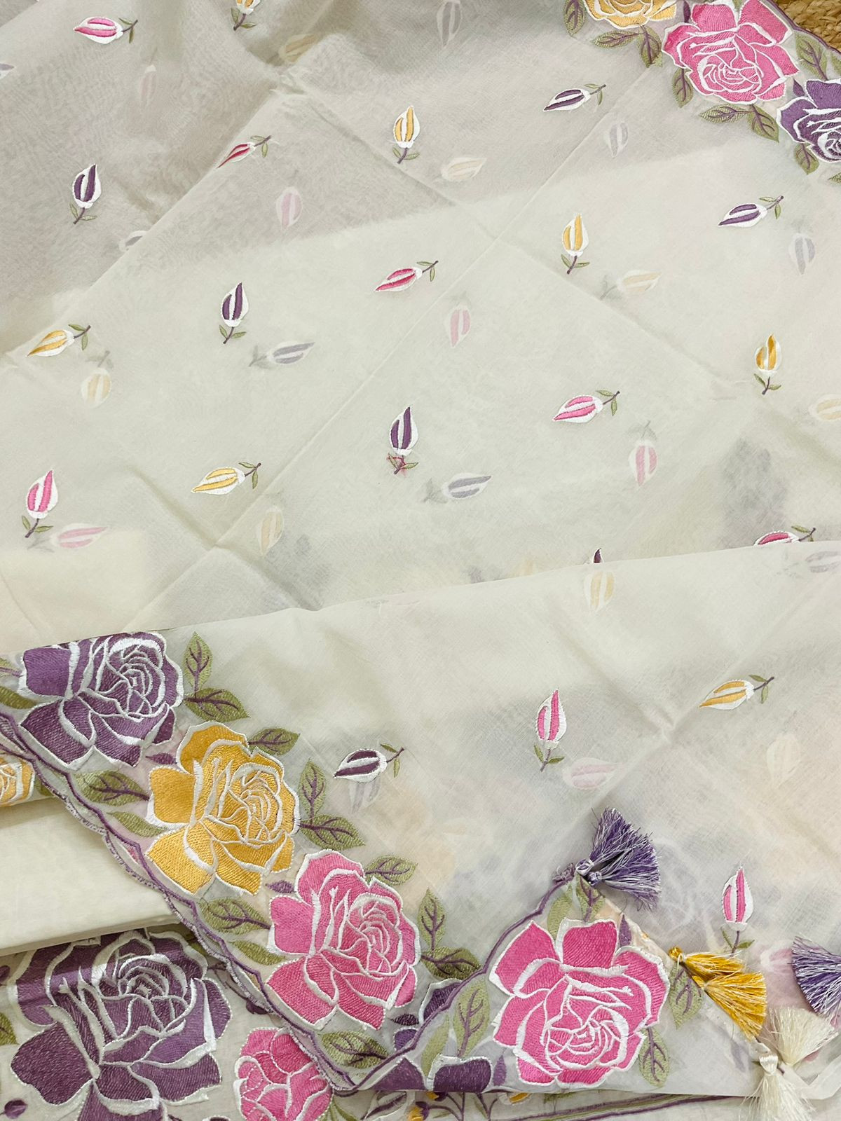 Soft Chanderi Embroidered Suit - Cream