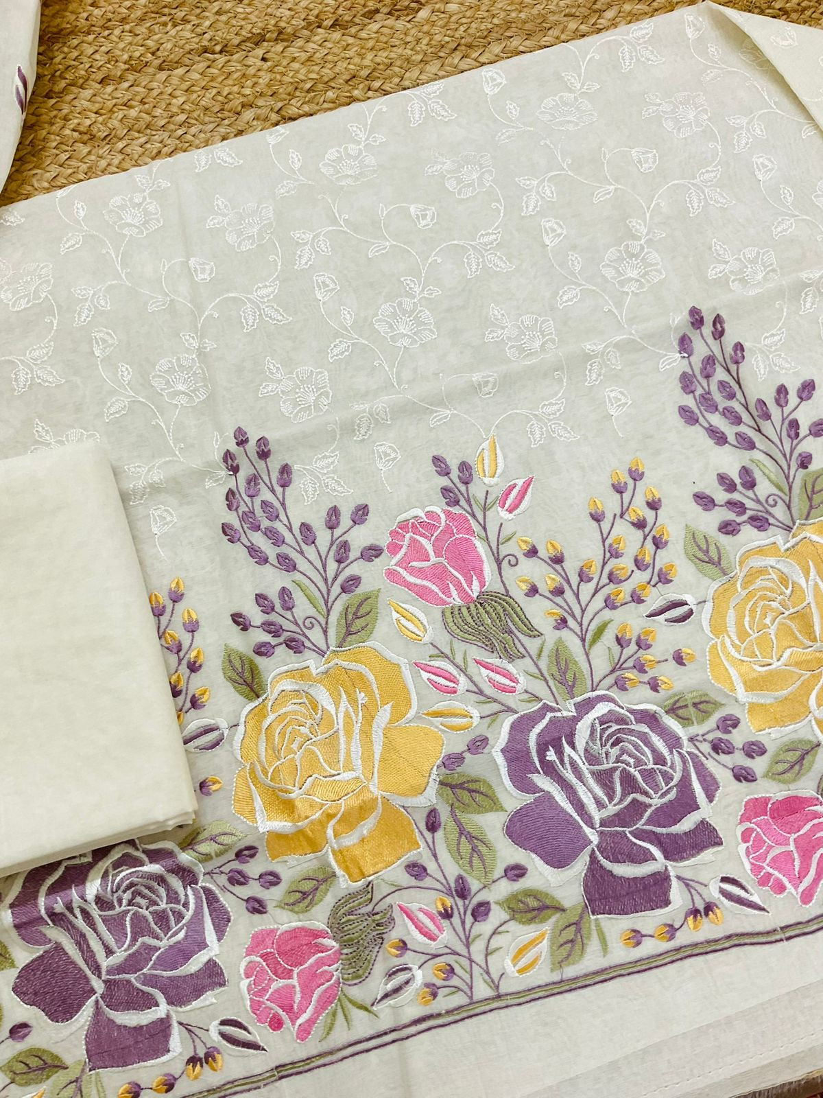 Soft Chanderi Embroidered Suit - Cream