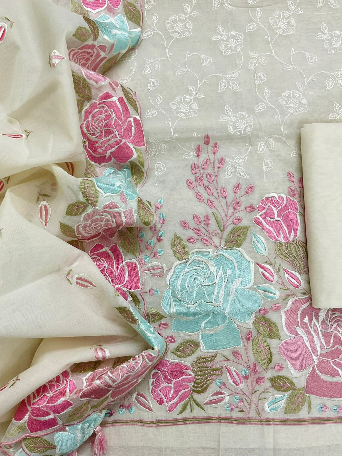 Soft Chanderi Embroidered Suit - Cream