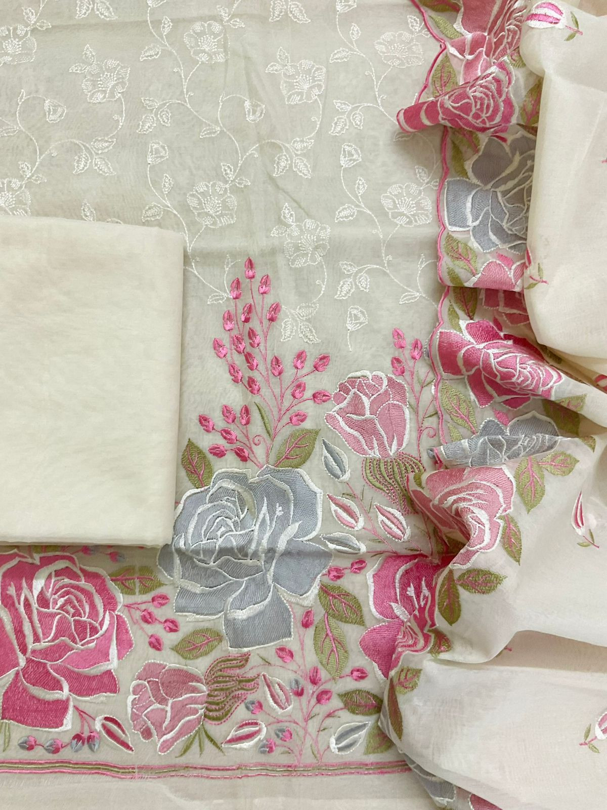 Soft Chanderi Embroidered Suit - Cream