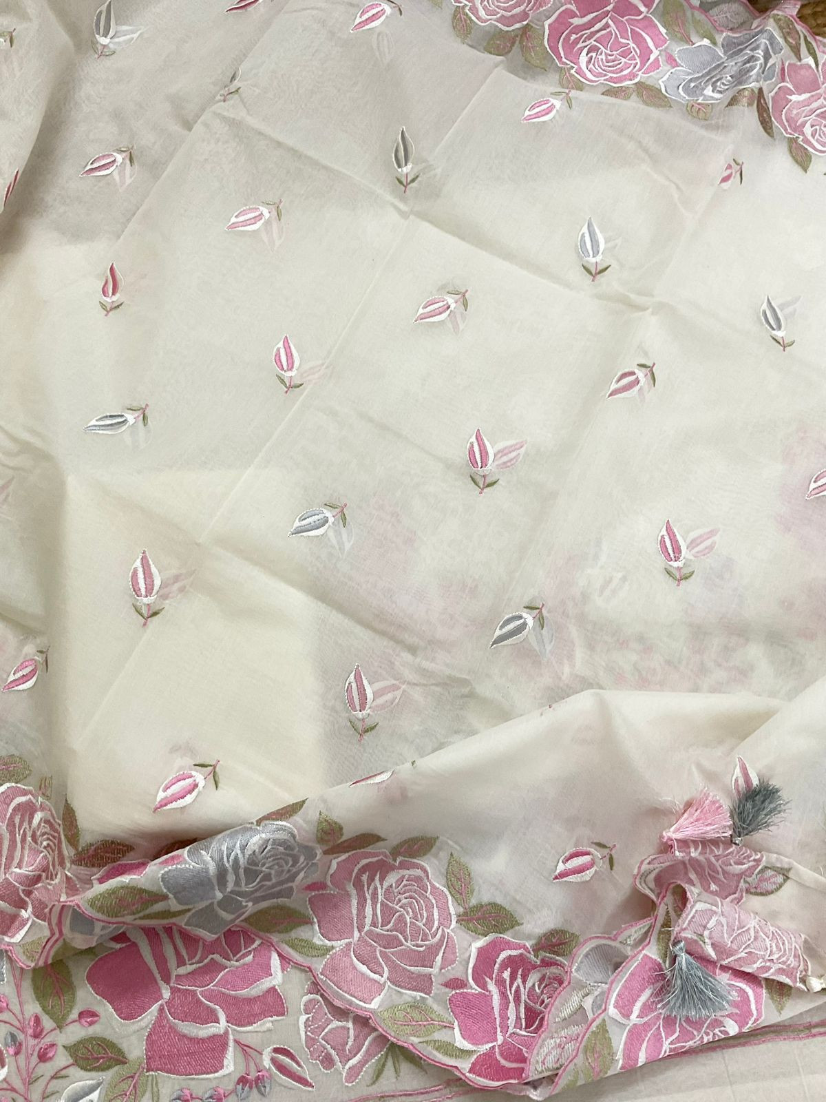 Soft Chanderi Embroidered Suit - Cream