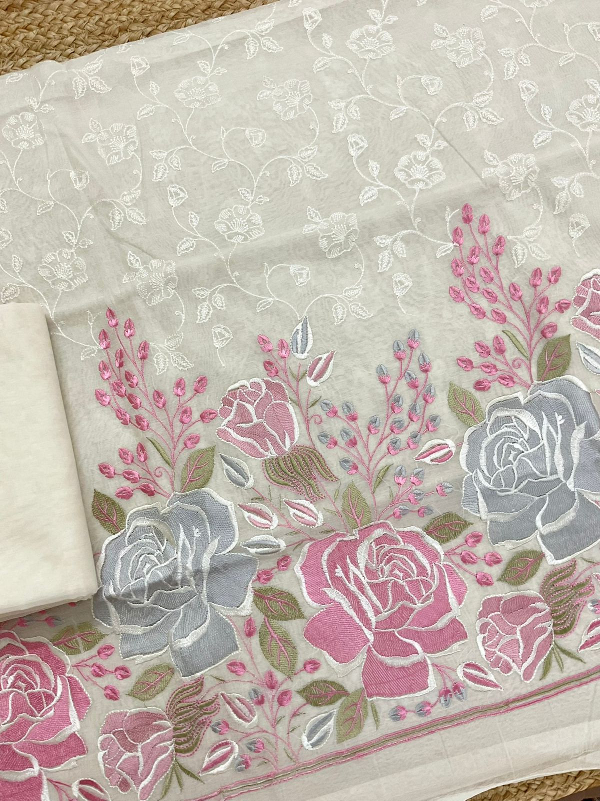 Soft Chanderi Embroidered Suit - Cream