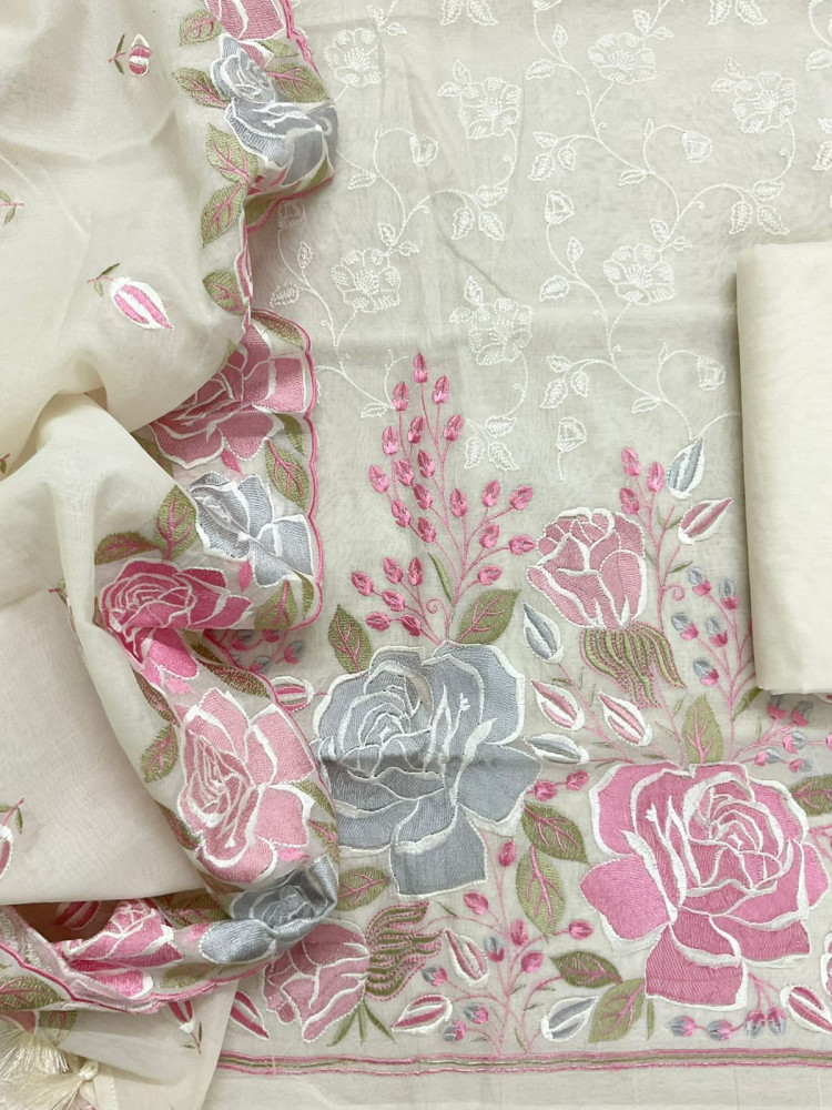 Image of Soft Chanderi Embroidered Suit - Cream