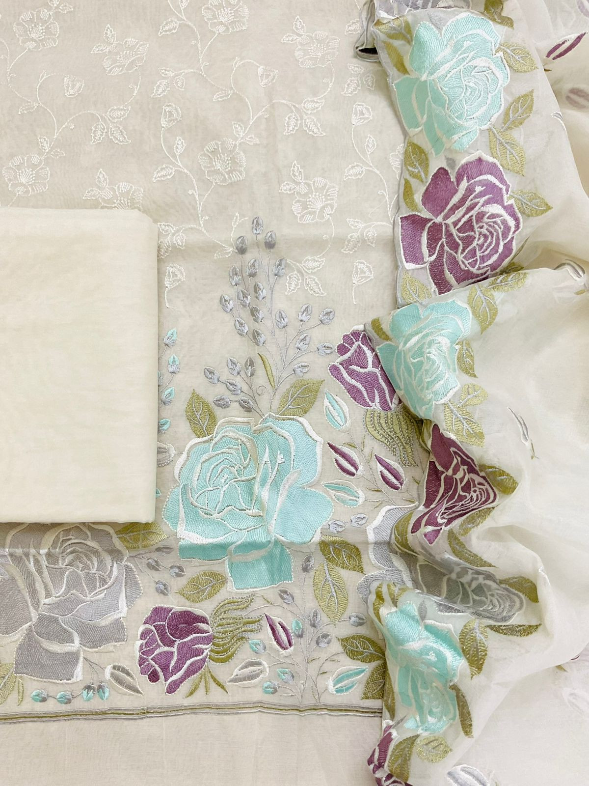 Soft Chanderi Embroidered Suit - Cream