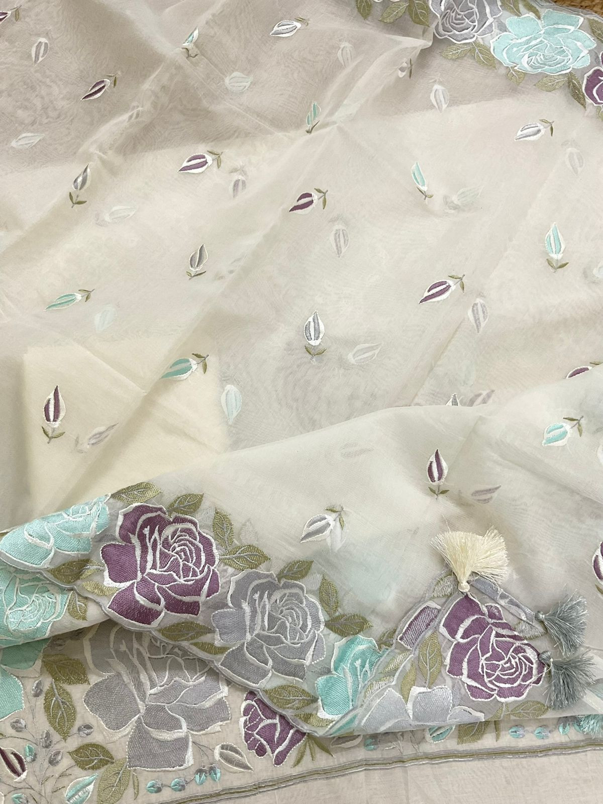 Soft Chanderi Embroidered Suit - Cream